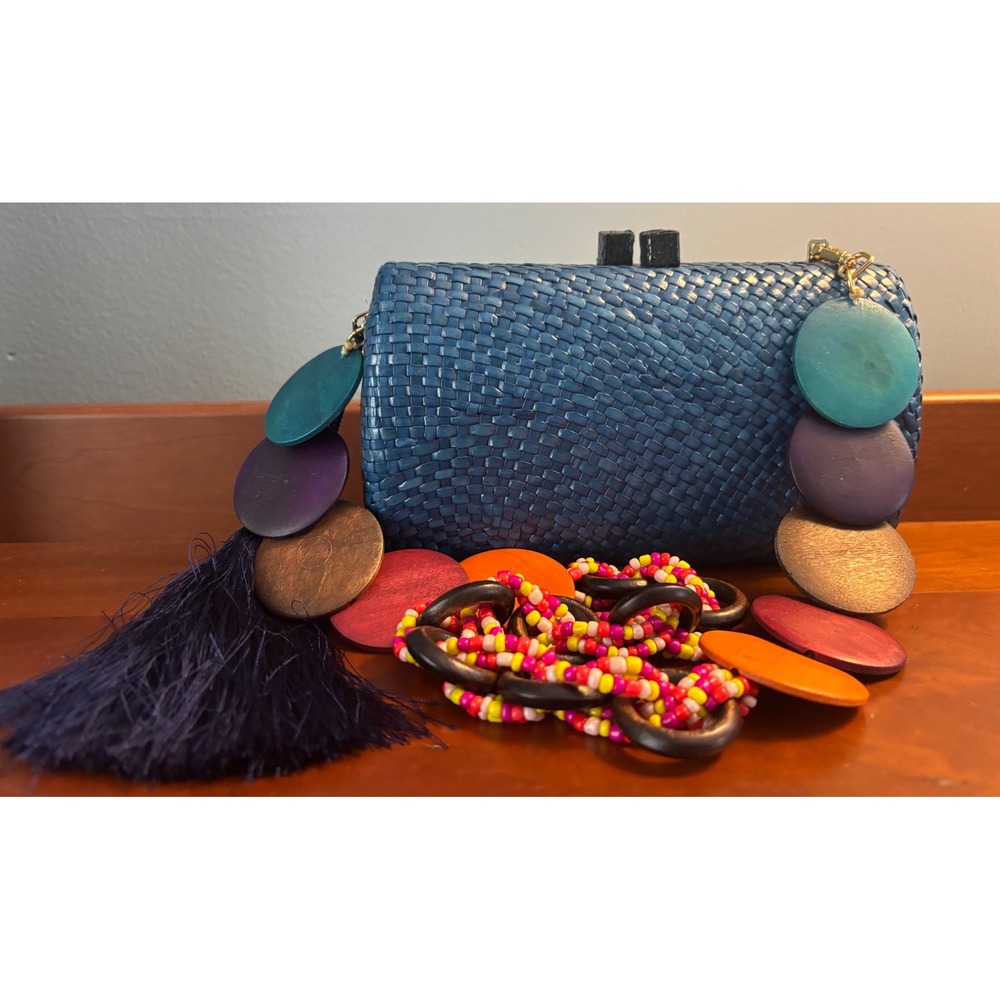 Serpui Blue Woven Straw Cylinder Clutch with Beaded Wood Disc Strap & Tassel